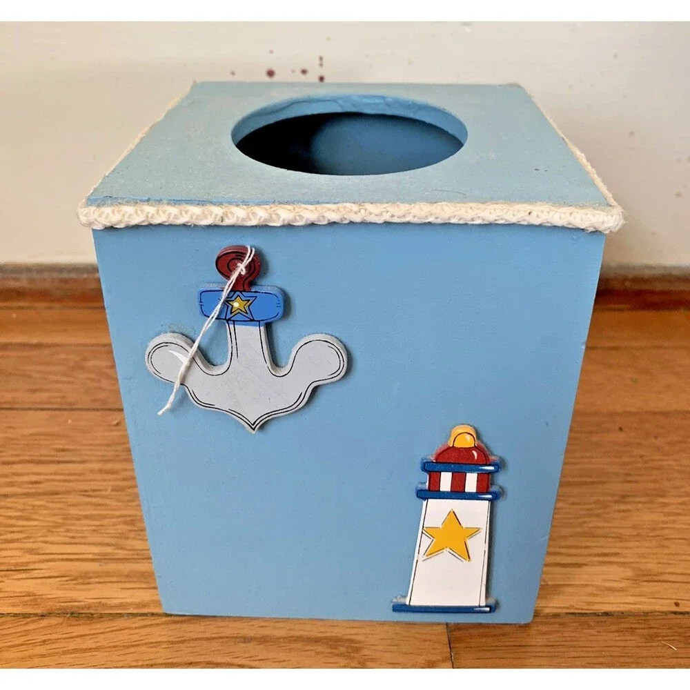 Wooden 3D Tissue Box Ocean Beach Theme Dog Lighthouse 5.5” Cute